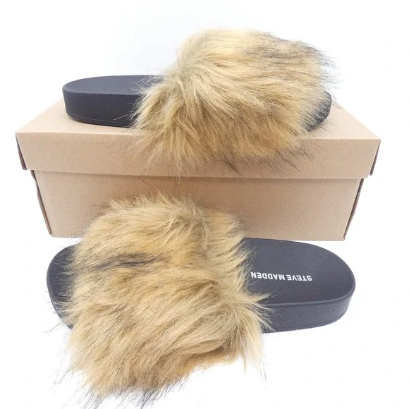 Steve Madden Shaggy Brown Multi Faux Fur Slide Sandals SHAG01S1 Womens 9 - Picture 1 of 6
